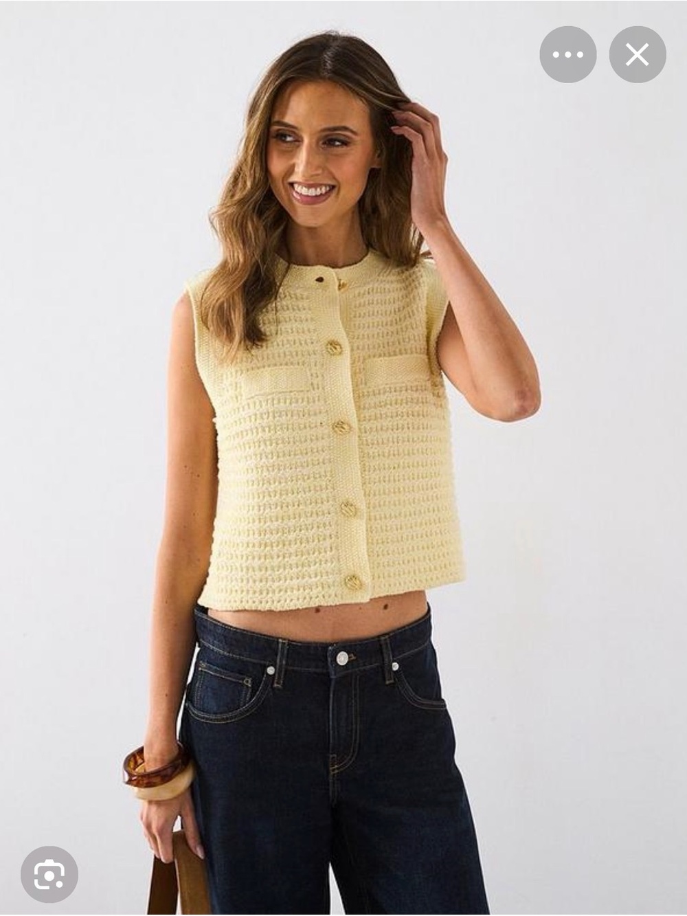 Mango Pale Yellow Knit Sleeveless Cardigan with Gold Buttons